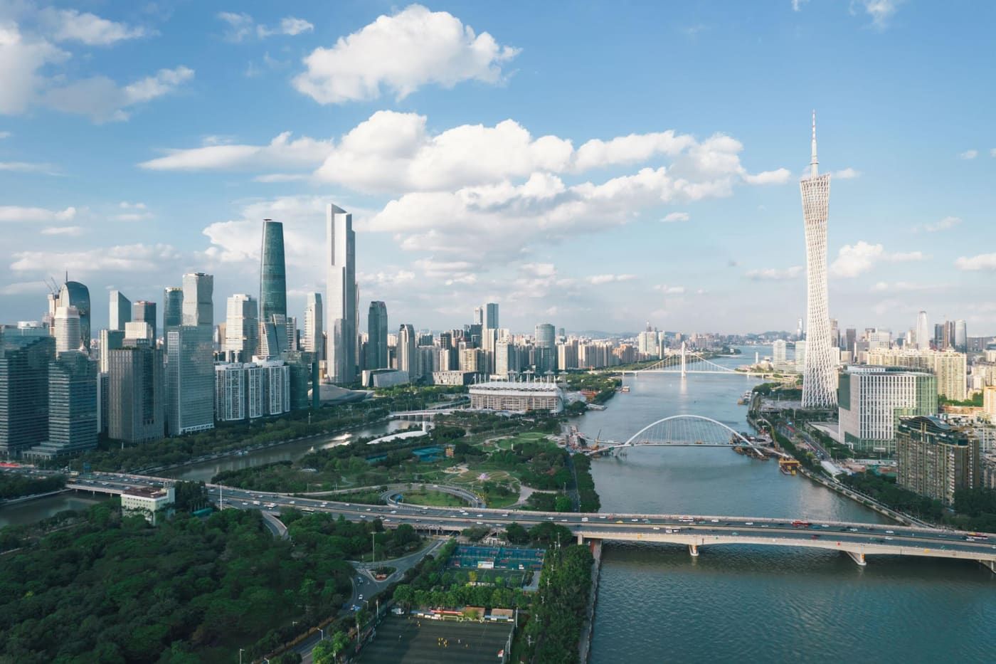 Guangzhou skyline with the Canton Tower and the Pearl River
