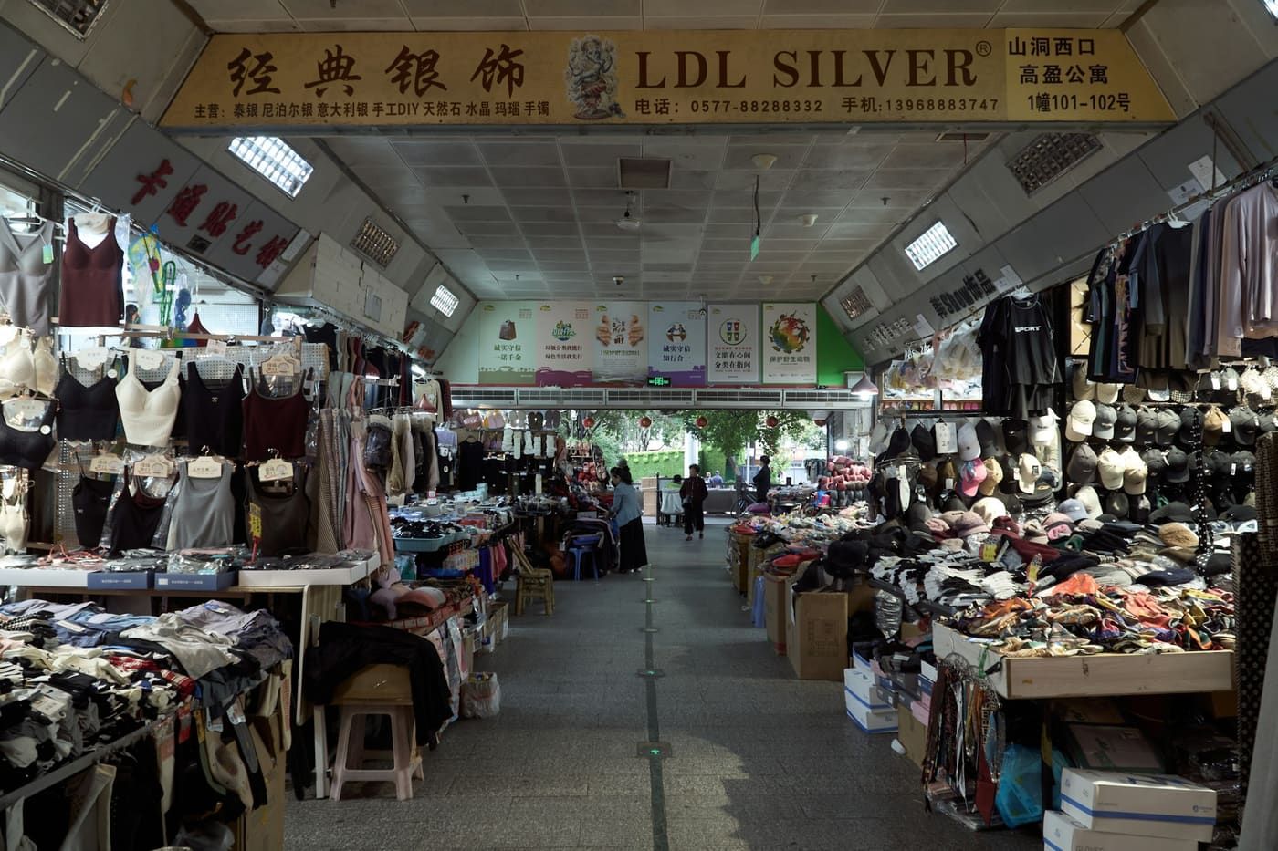 Rows of stalls inside a wholesale trade market in China